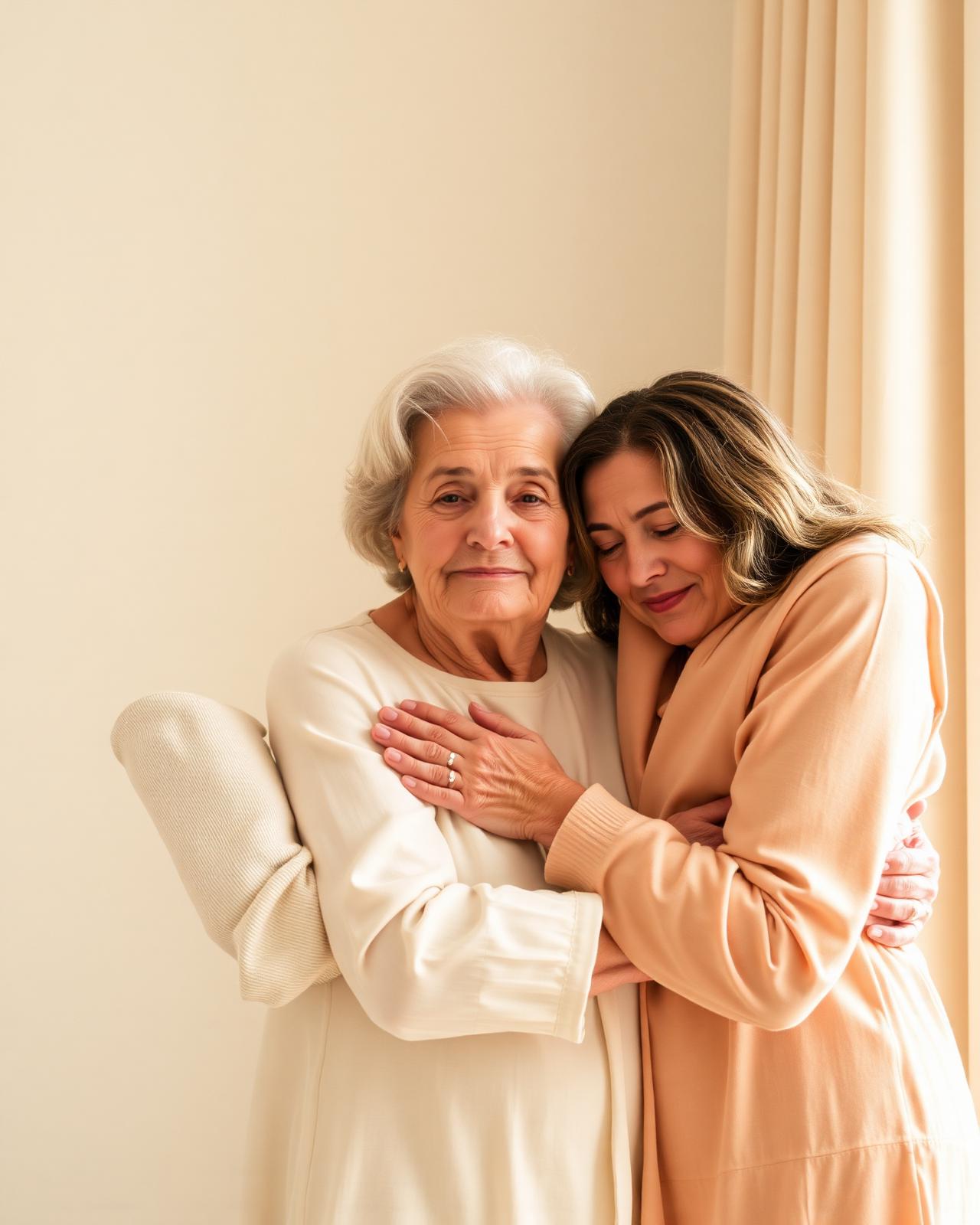 Three generations of women embracing in soft window light