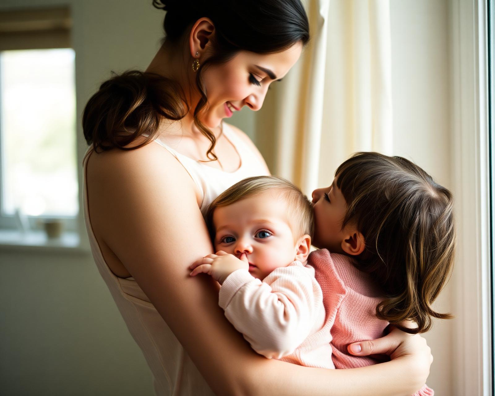Mother holding small children close in soft natural light