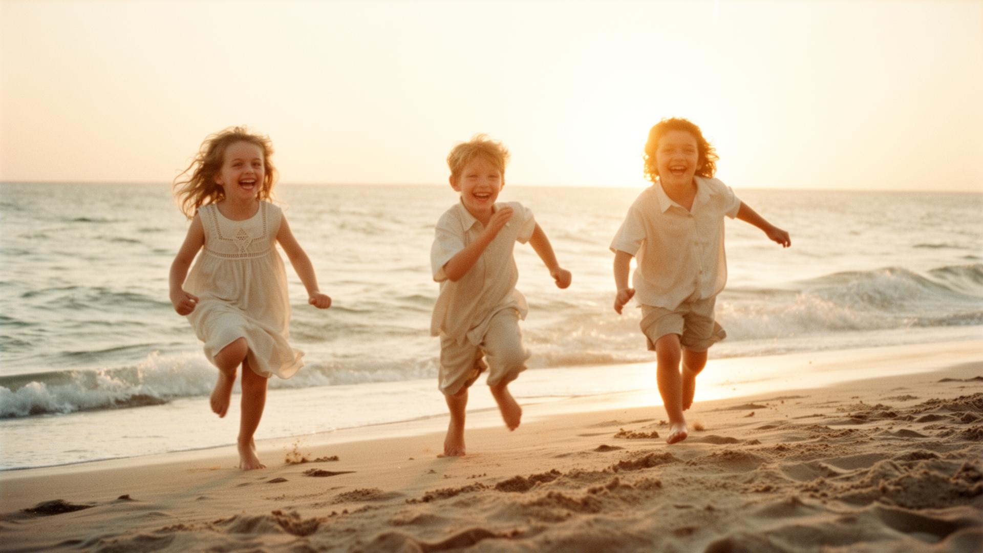 Children running barefoot on sunset beach