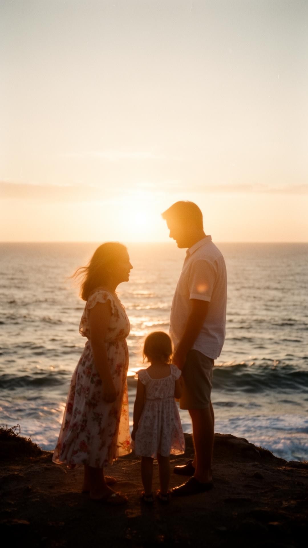 Family silhouette at the ocean at golden hour